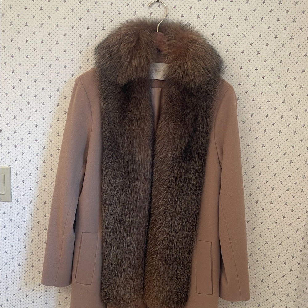 Elegant Fleurette Camel Swing Coat with Real Blue Frost Fox Fur Collar